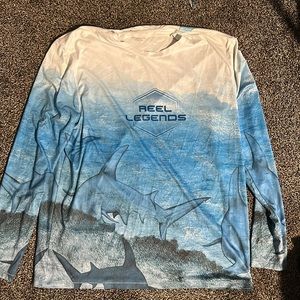 Reel Legends Mens size L, Shark/Ocean white and blue design fishing shirt